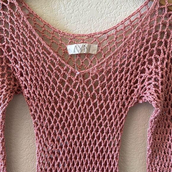 Ayni Pink Coral Crochet Knit Long Sleeve Maxi Dress Resort Swims Cover Up NWOT - Picture 6 of 13